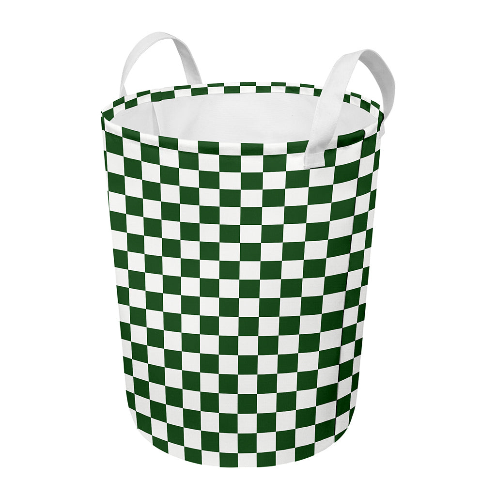Forest Green And White Checkered Print Round Laundry Basket
