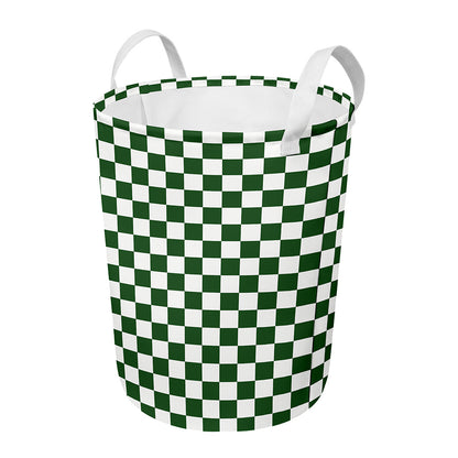 Forest Green And White Checkered Print Round Laundry Basket