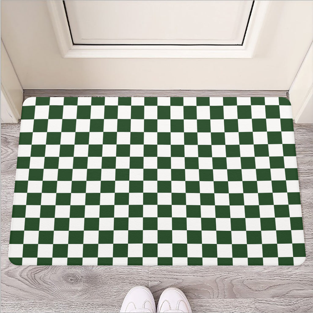 Forest Green And White Checkered Print Rubber Doormat