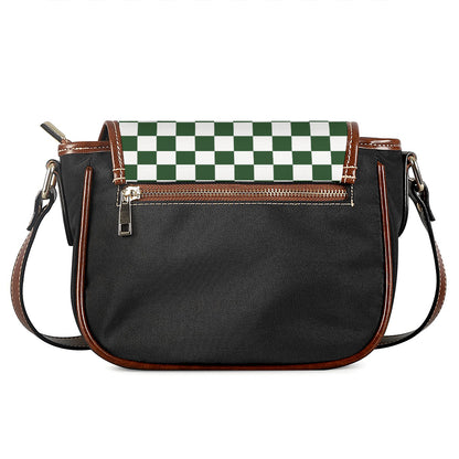 Forest Green And White Checkered Print Saddle Bag