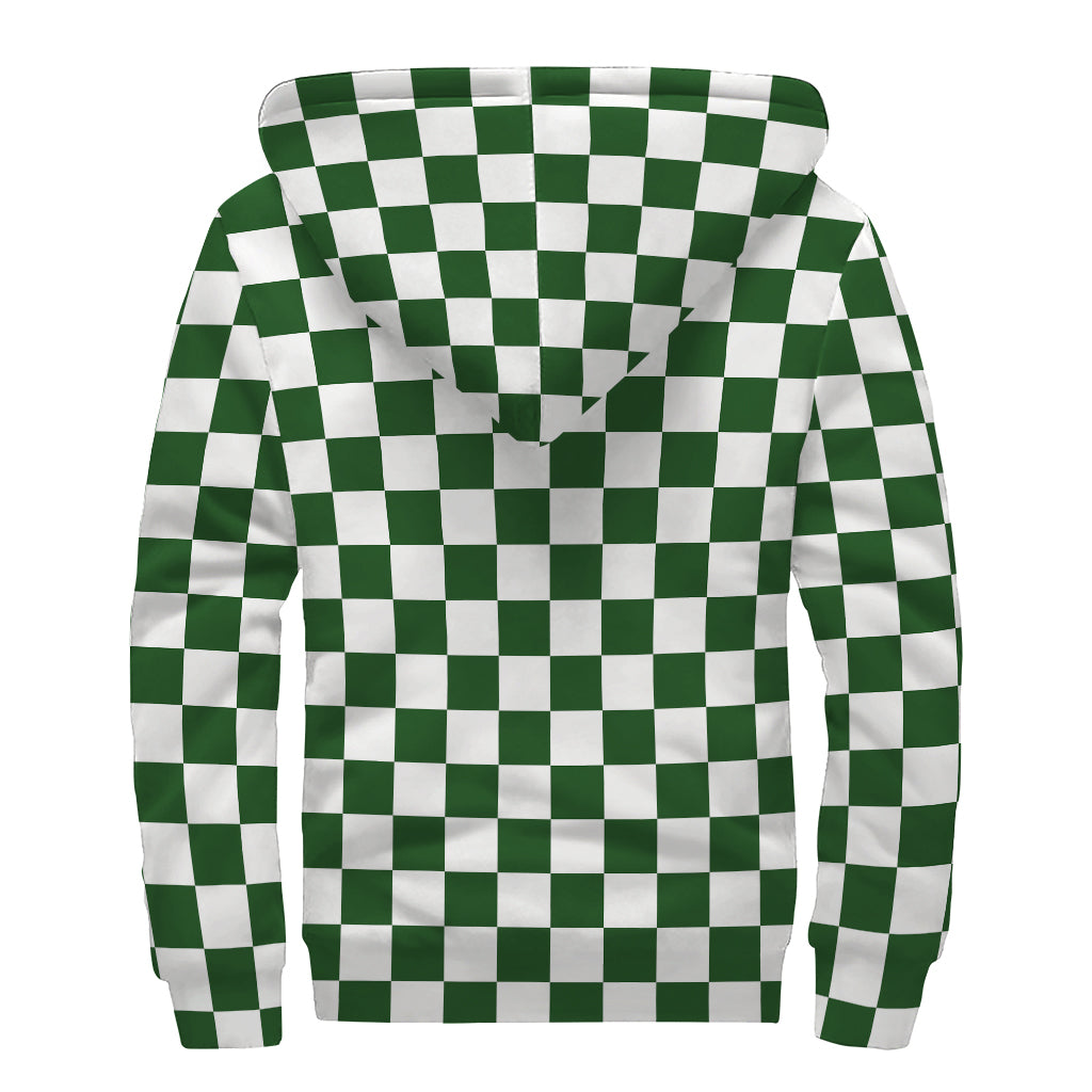 Forest Green And White Checkered Print Sherpa Lined Zip Up Hoodie