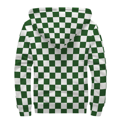 Forest Green And White Checkered Print Sherpa Lined Zip Up Hoodie