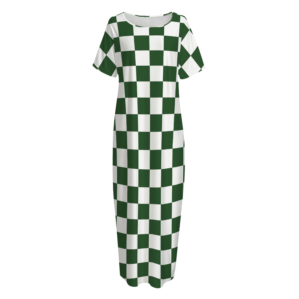 Forest Green And White Checkered Print Short Sleeve Long Nightdress