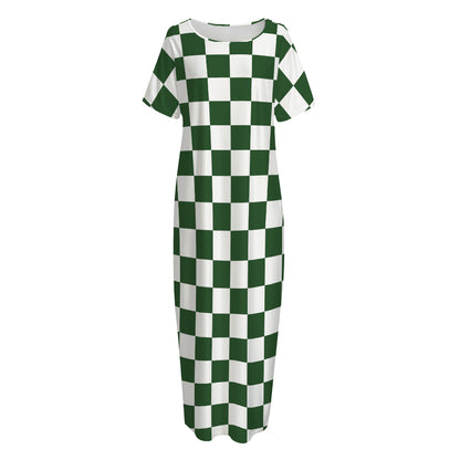 Forest Green And White Checkered Print Short Sleeve Long Nightdress