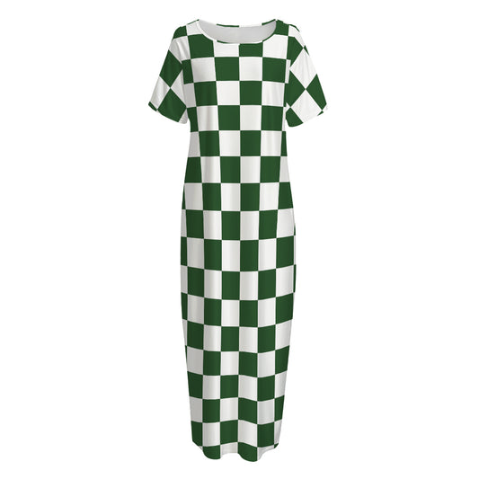 Forest Green And White Checkered Print Short Sleeve Long Nightdress