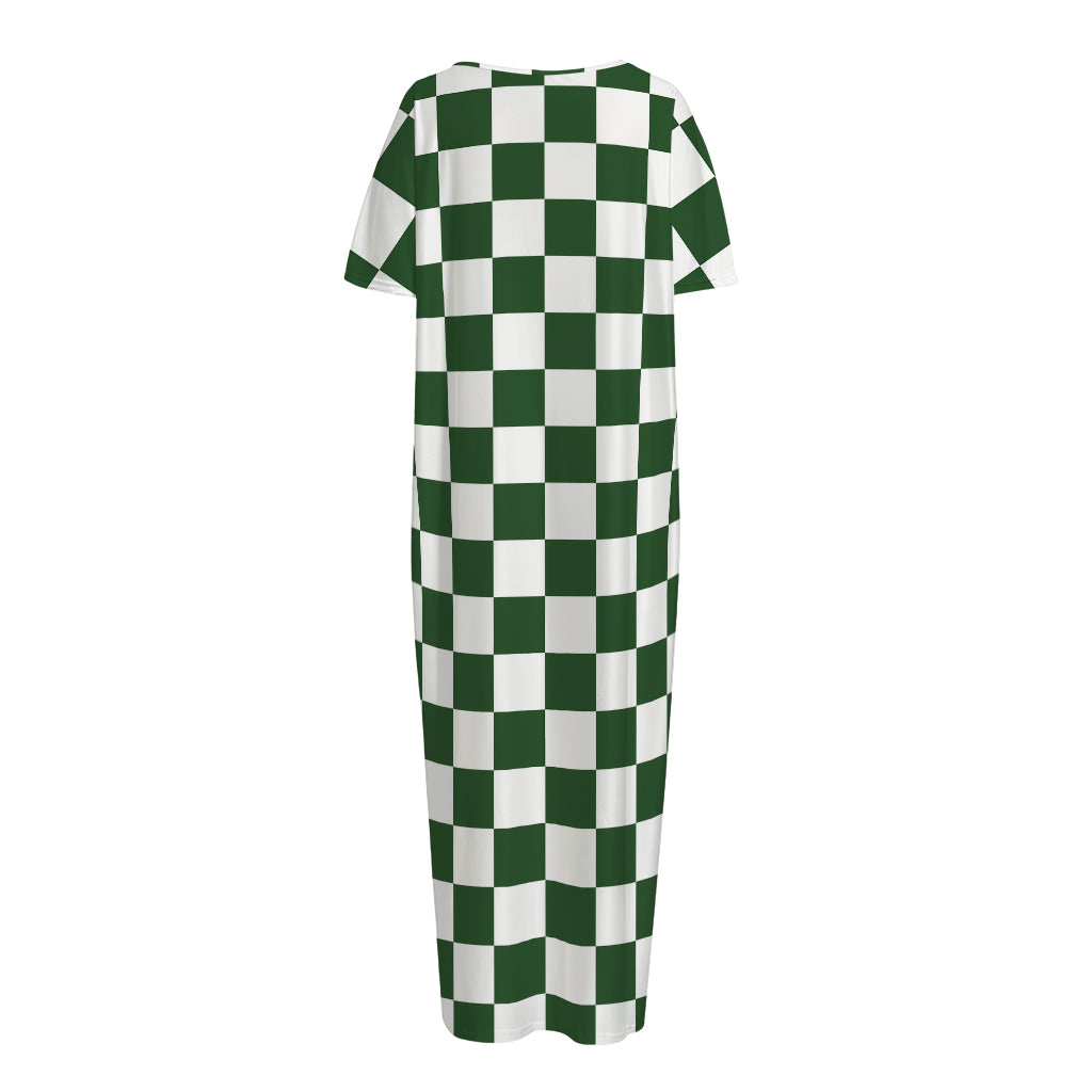 Forest Green And White Checkered Print Short Sleeve Long Nightdress