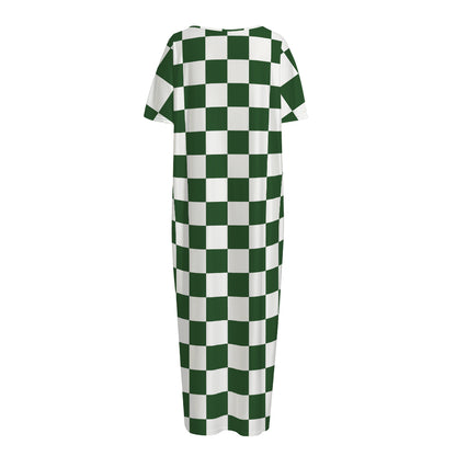 Forest Green And White Checkered Print Short Sleeve Long Nightdress