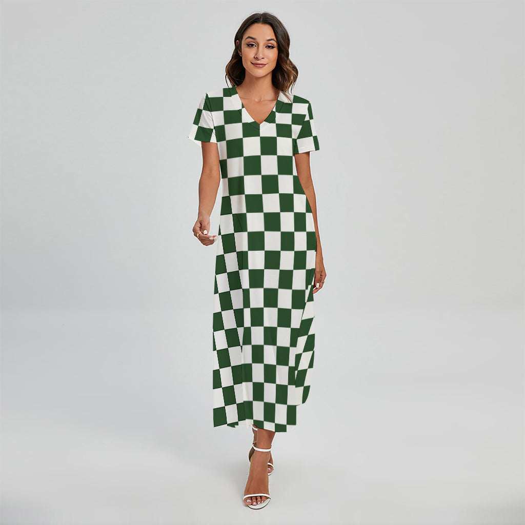 Forest Green And White Checkered Print Short Sleeve Maxi Dress