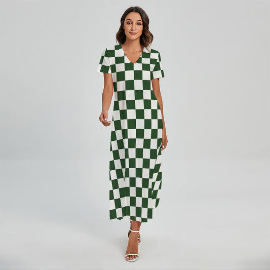 Forest Green And White Checkered Print Short Sleeve Maxi Dress