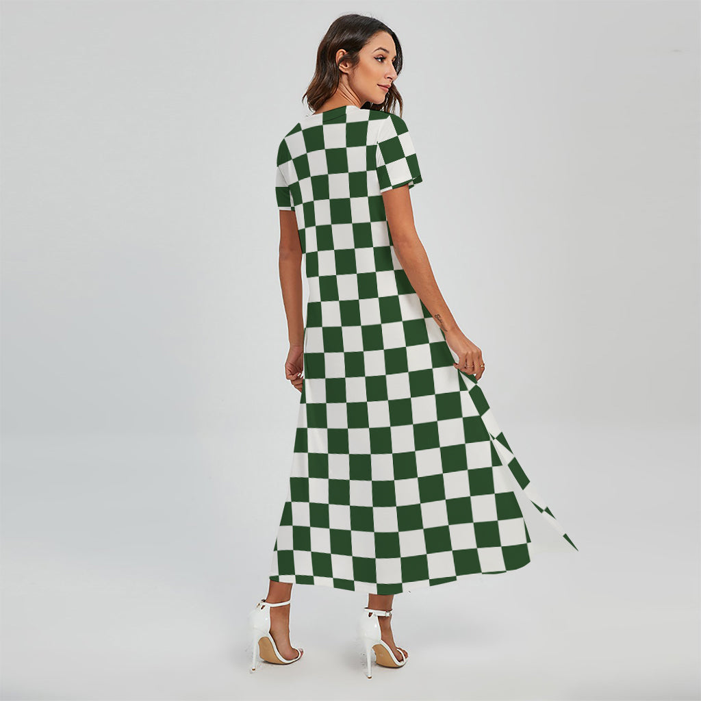Forest Green And White Checkered Print Short Sleeve Maxi Dress
