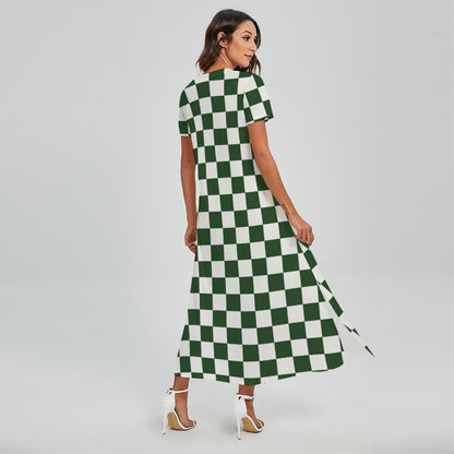 Forest Green And White Checkered Print Short Sleeve Maxi Dress