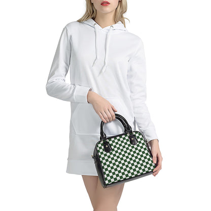 Forest Green And White Checkered Print Shoulder Handbag