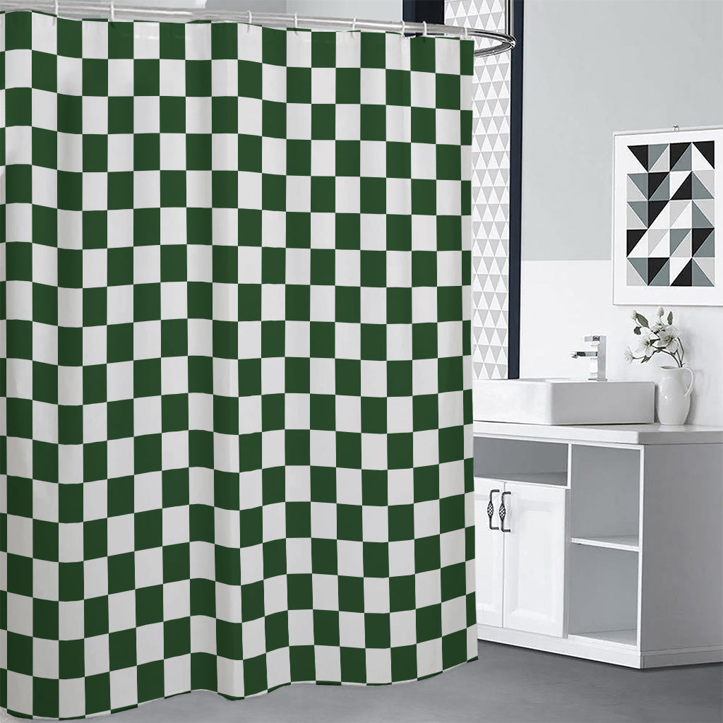 Forest Green And White Checkered Print Shower Curtain