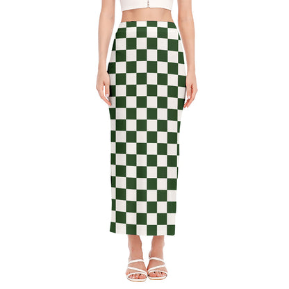 Forest Green And White Checkered Print Side Slit Maxi Skirt