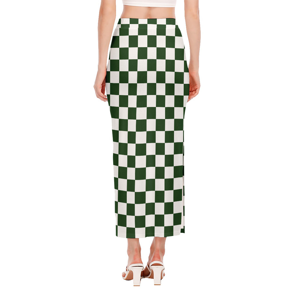 Forest Green And White Checkered Print Side Slit Maxi Skirt