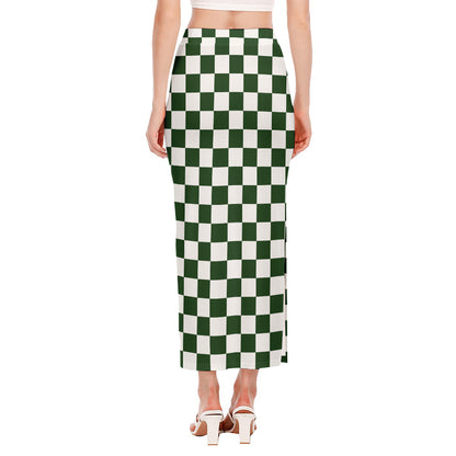 Forest Green And White Checkered Print Side Slit Maxi Skirt