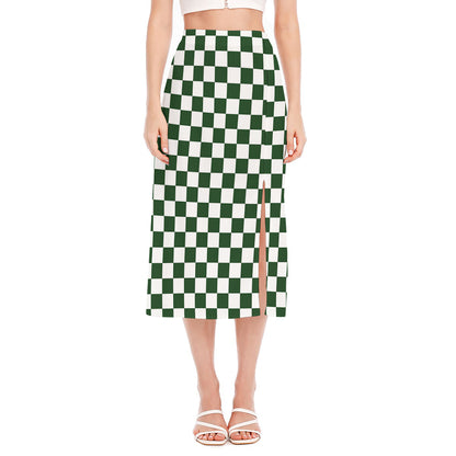 Forest Green And White Checkered Print Side Slit Midi Skirt