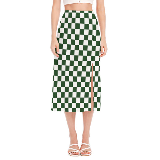 Forest Green And White Checkered Print Side Slit Midi Skirt