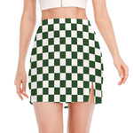 Forest Green And White Checkered Print Side Slit Mini Skirt