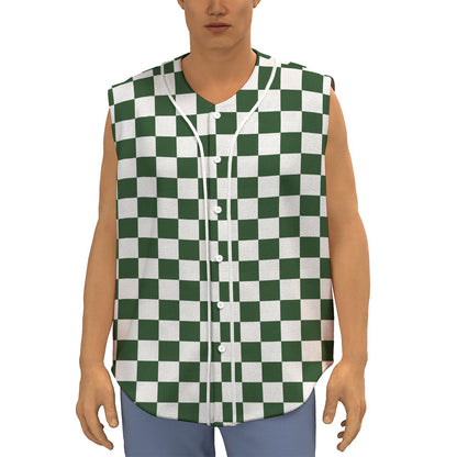 Forest Green And White Checkered Print Sleeveless Baseball Jersey