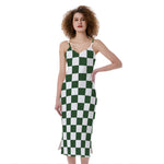 Forest Green And White Checkered Print Slim Fit Midi Cami Dress