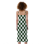 Forest Green And White Checkered Print Slim Fit Midi Cami Dress