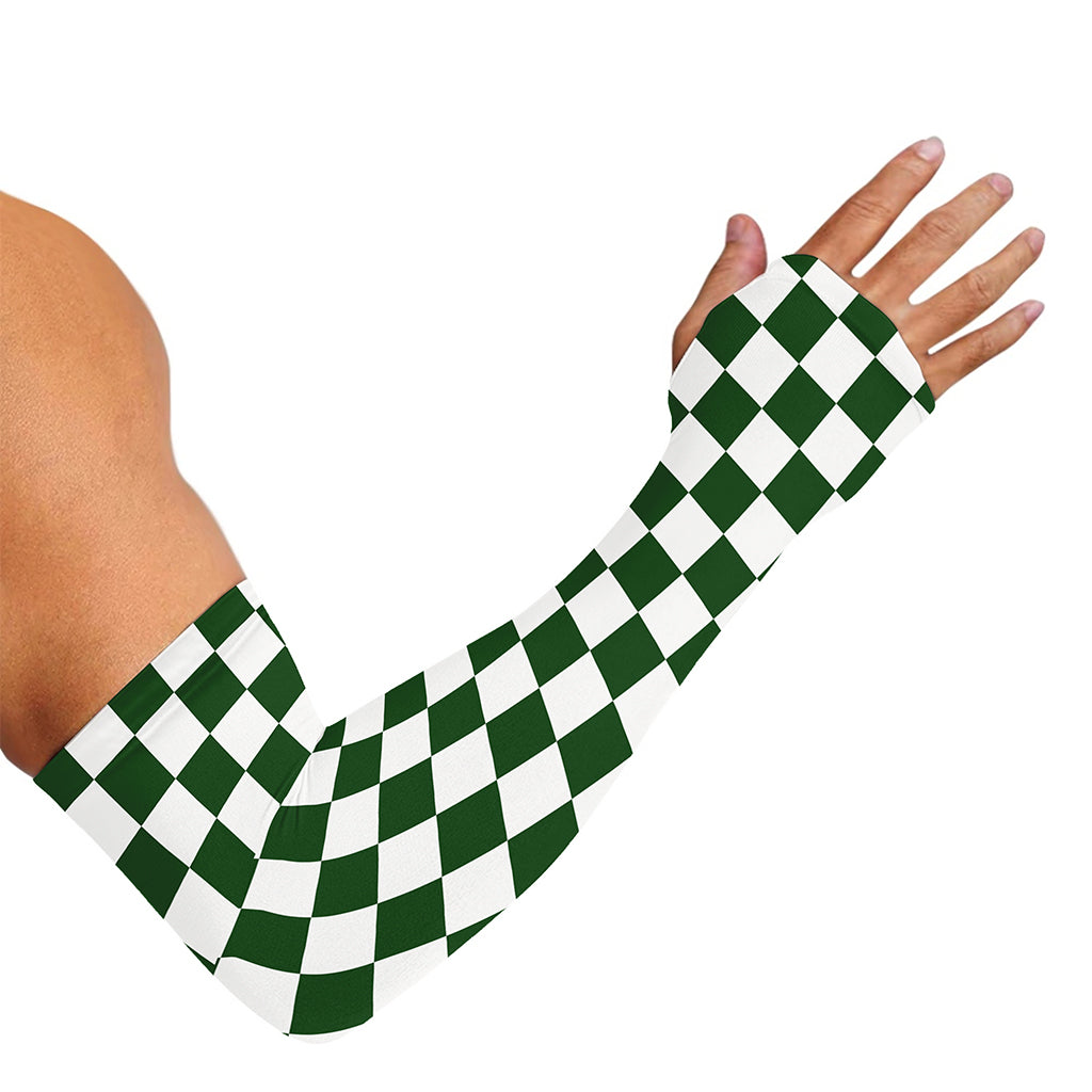 Forest Green And White Checkered Print Sun Protection Arm Sleeves