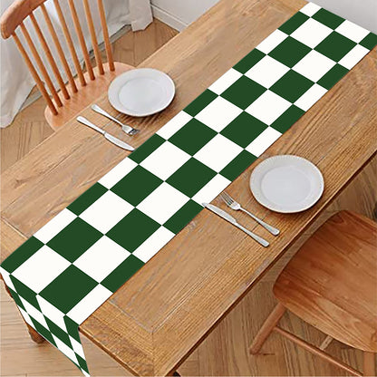 Forest Green And White Checkered Print Table Runner