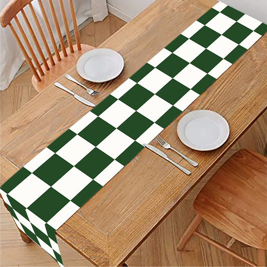 Forest Green And White Checkered Print Table Runner