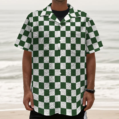 Forest Green And White Checkered Print Textured Short Sleeve Shirt