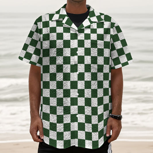 Forest Green And White Checkered Print Textured Short Sleeve Shirt