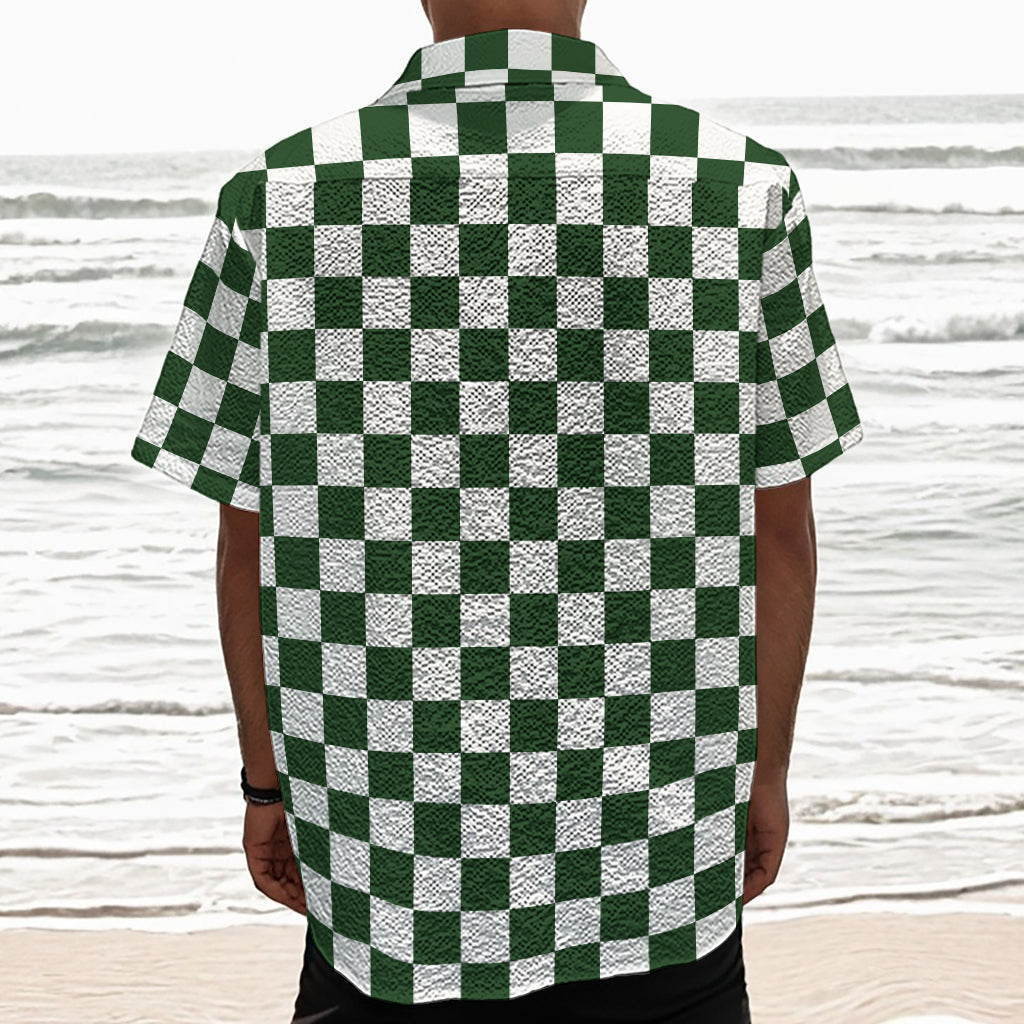 Forest Green And White Checkered Print Textured Short Sleeve Shirt