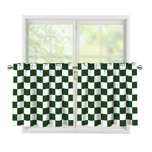 Forest Green And White Checkered Print Tier Curtains