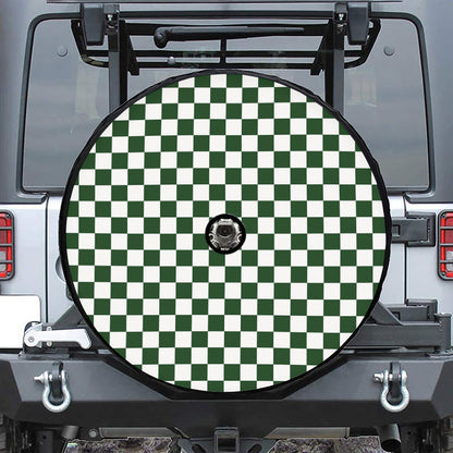 Forest Green And White Checkered Print Tire Cover With Camera Hole
