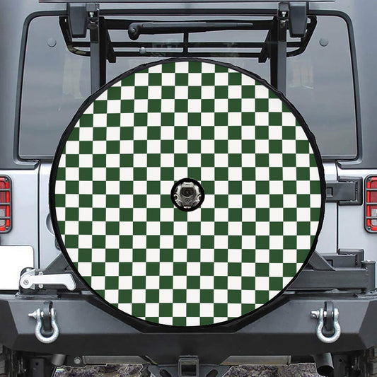 Forest Green And White Checkered Print Tire Cover With Camera Hole