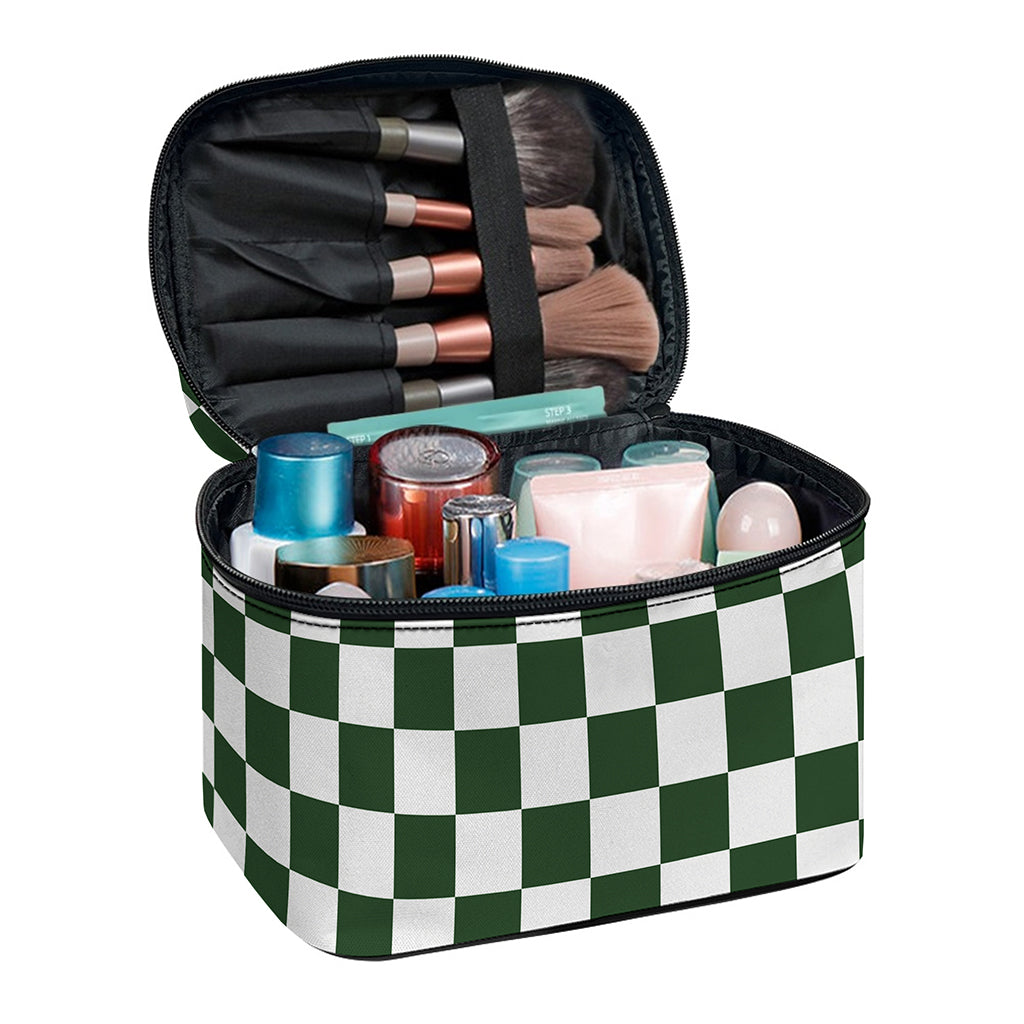 Forest Green And White Checkered Print Travel Makeup Bag