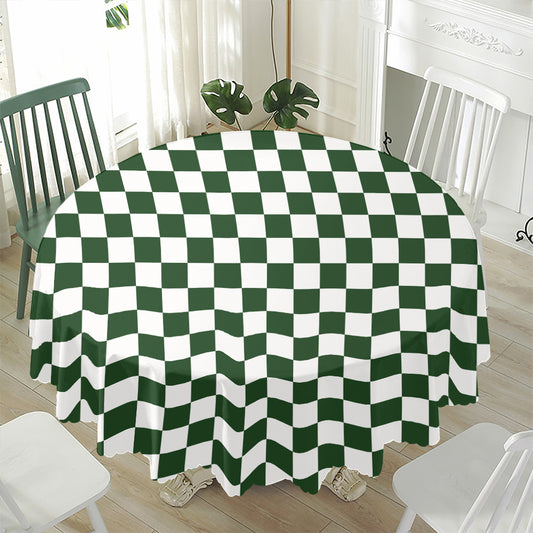 Forest Green And White Checkered Print Waterproof Round Tablecloth