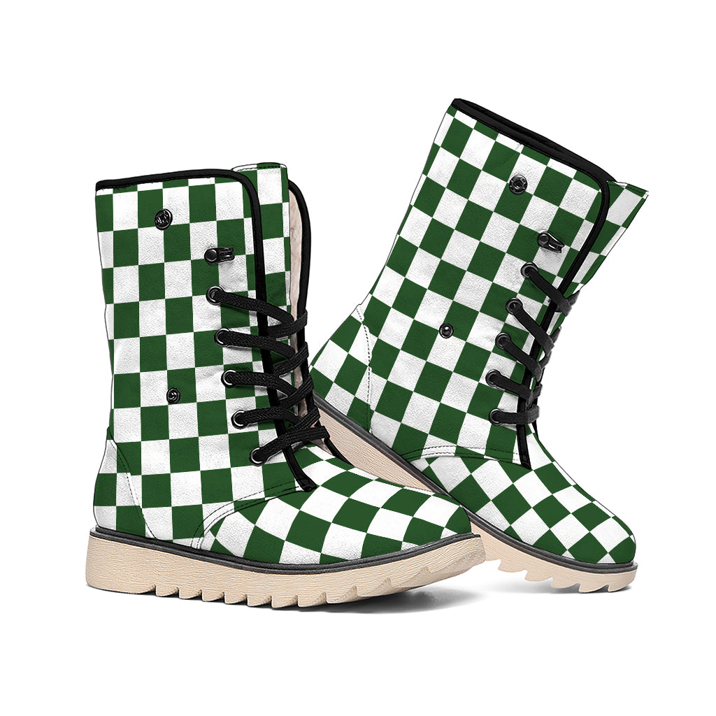 Forest Green And White Checkered Print Winter Boots