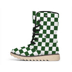 Forest Green And White Checkered Print Winter Boots