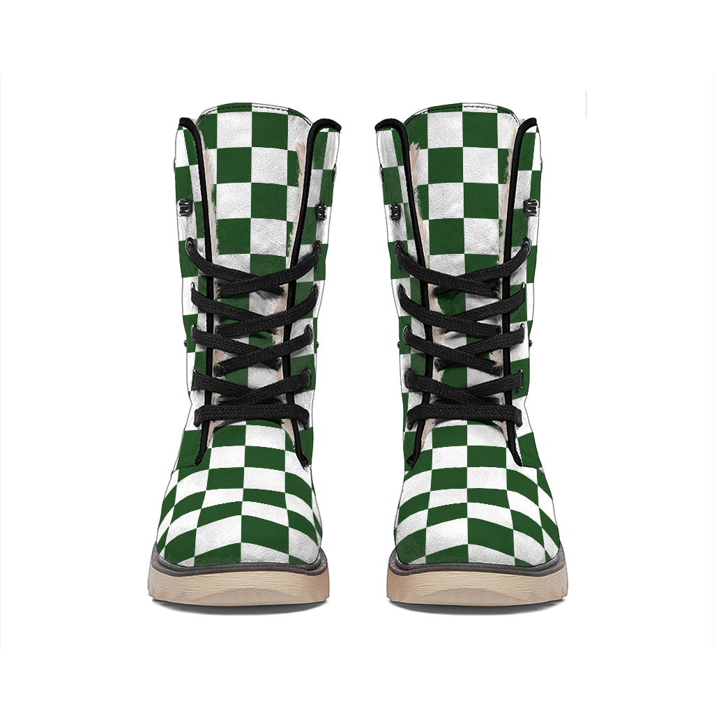 Forest Green And White Checkered Print Winter Boots