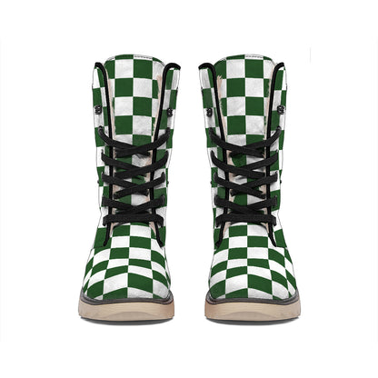 Forest Green And White Checkered Print Winter Boots