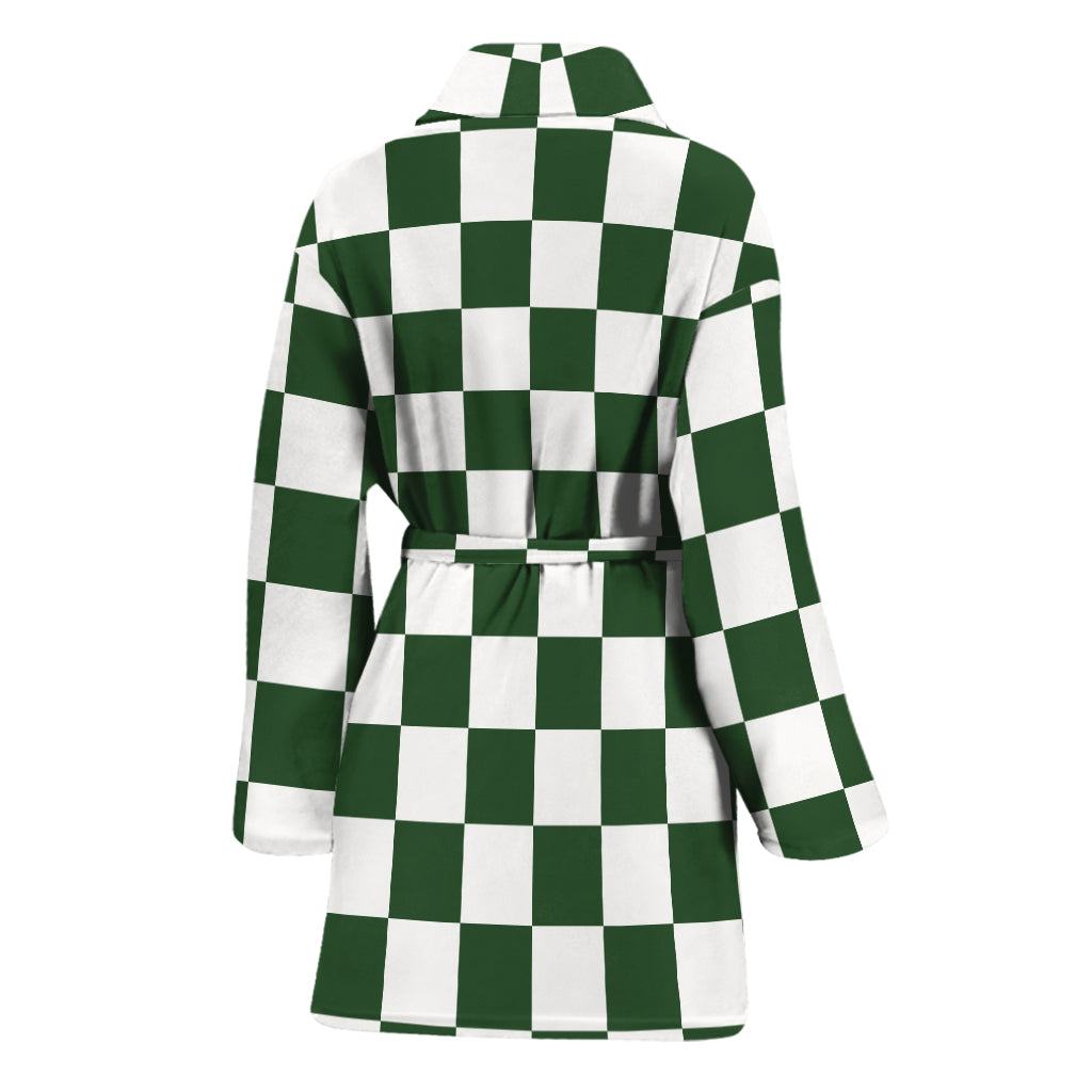 Forest Green And White Checkered Print Women's Bathrobe