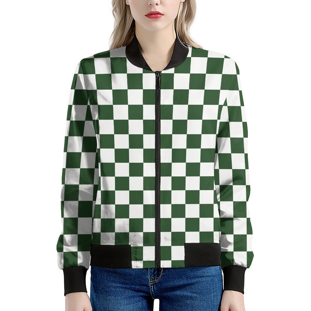 Forest Green And White Checkered Print Women's Bomber Jacket