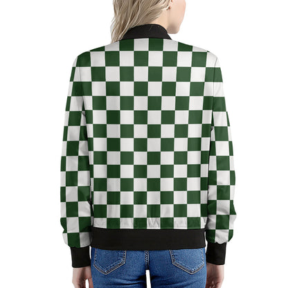 Forest Green And White Checkered Print Women's Bomber Jacket
