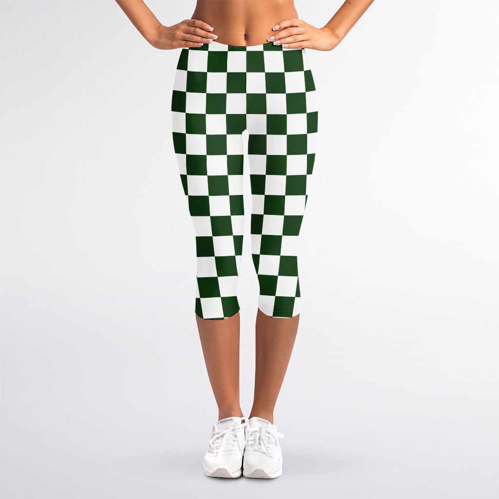 Forest Green And White Checkered Print Women's Capri Leggings