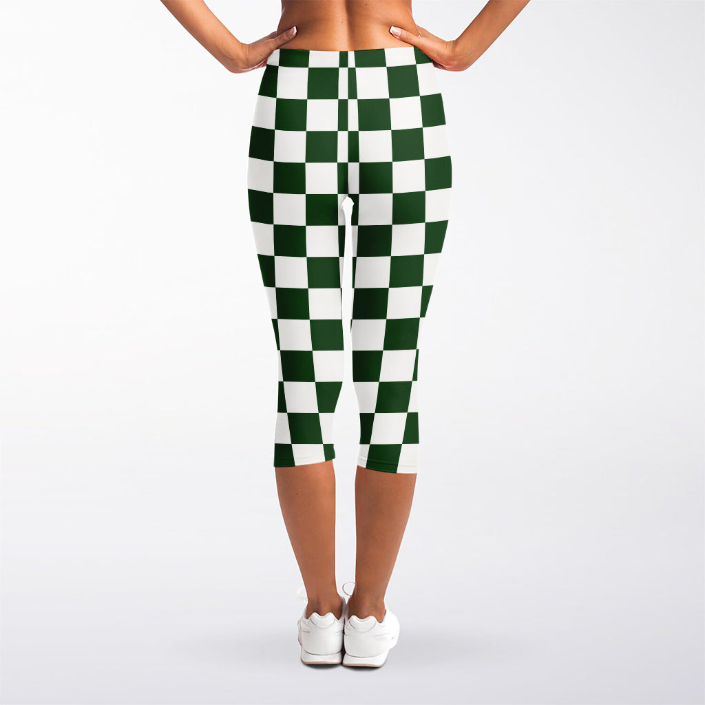 Forest Green And White Checkered Print Women's Capri Leggings