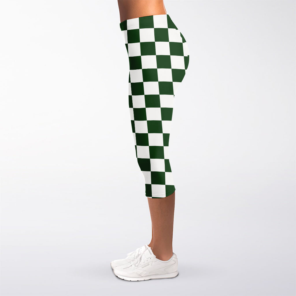 Forest Green And White Checkered Print Women's Capri Leggings