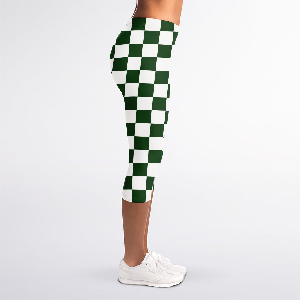 Forest Green And White Checkered Print Women's Capri Leggings