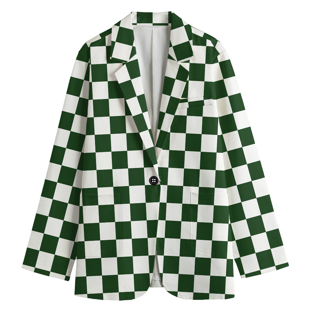 Forest Green And White Checkered Print Women's Cotton Blazer
