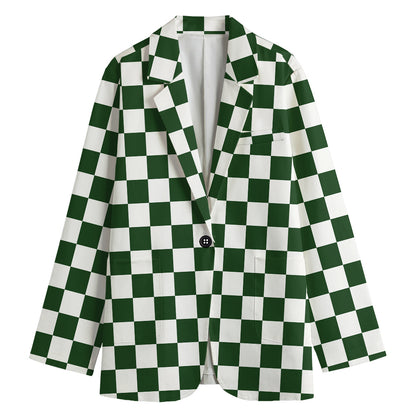 Forest Green And White Checkered Print Women's Cotton Blazer